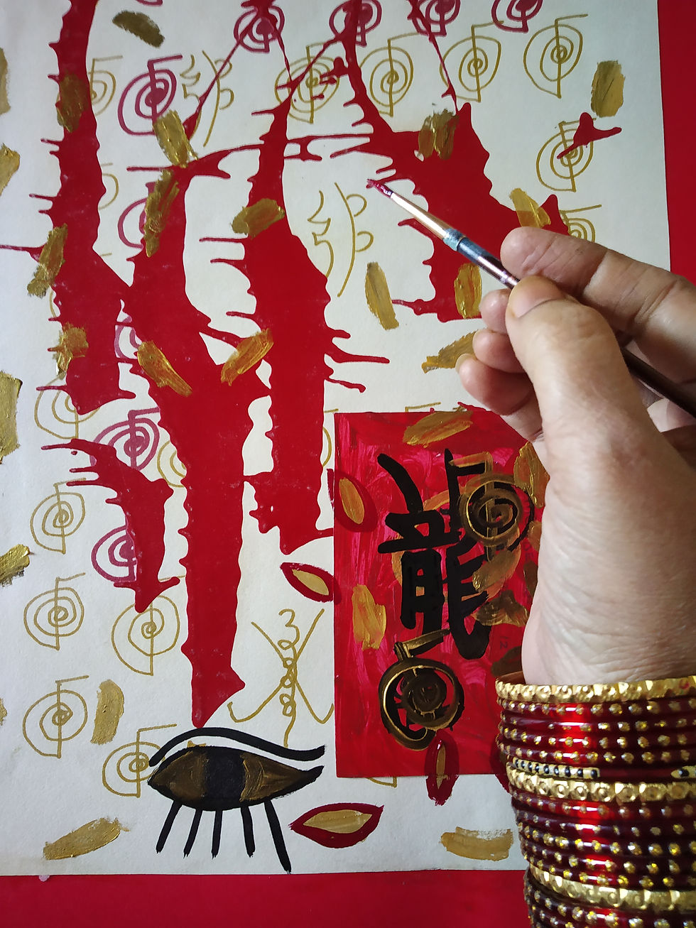 Thumbnail: Hand painting red and gold Chinese dragon artwork