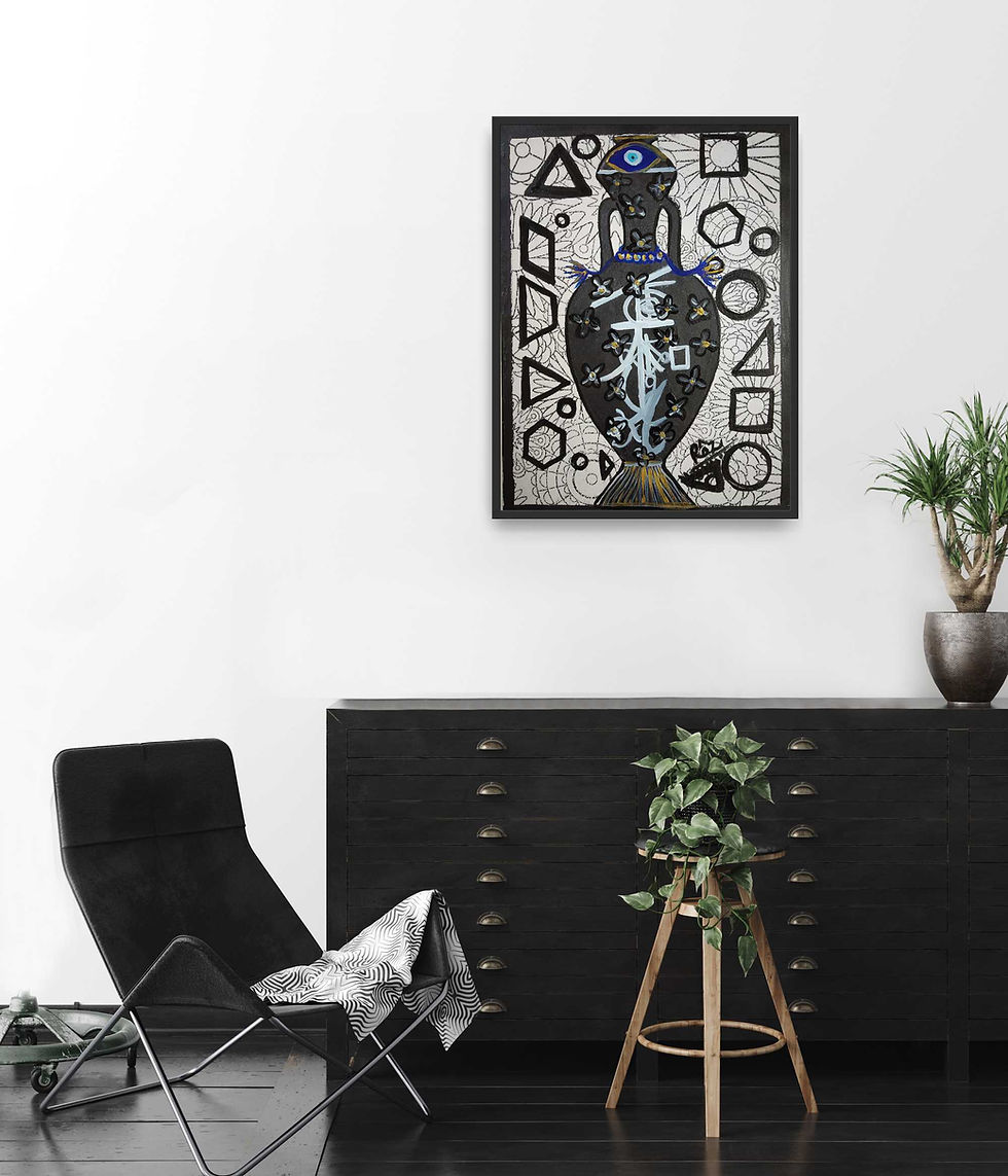 Thumbnail: Modern room with abstract art, black cabinet, and armchair
