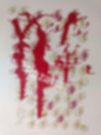 Abstract Cubist art with red shapes, golden patterns, 'Razarts'