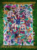 Vibrant abstract art with spiritual symbols and scattered green leaves