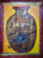 Abstract art vase with eye motif and gold patterns