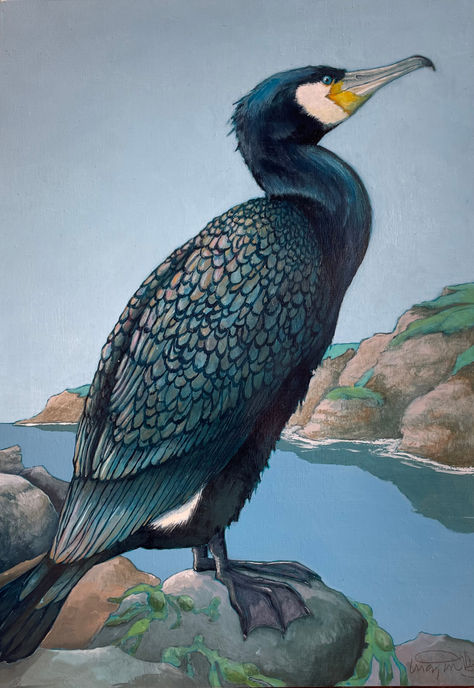 A detailed depiction of a standing cormorant, paying particular attention to its iridescent plumage.