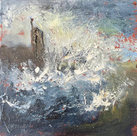 A dramatic and expressively painted view of a coastal wave crashing over Staithes pier and muted greys, white and lemon.