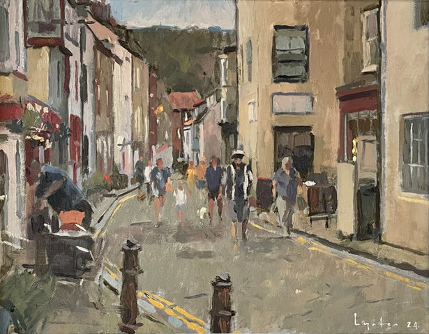 A plein air painting of visitors walking down the winding high street featuring the Endeavour buildings, Royal George pub and Dotty’s tearoom.