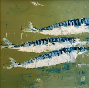 Three blue and white mackerel, expressively painted, glide across an olive green background.