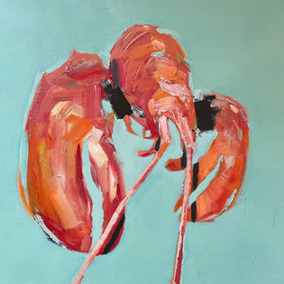 An expressive oil painting of a lobster on a pale blue background.