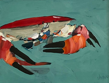 A vibrant red and white crab hovers against a deep turquoise background.
