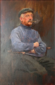 A sensitively painted half length portrait painting of a seated older fisherman wearing a traditional knitted gansey. Painted from an archive family photograph.