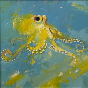 A lively and expressive painting of a yellow octopus against a light blue background.