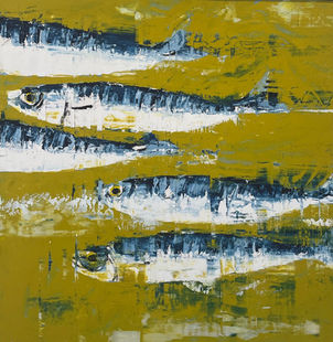 An expressively painted school of mackerel moving from right to left across a mustard yellow background.