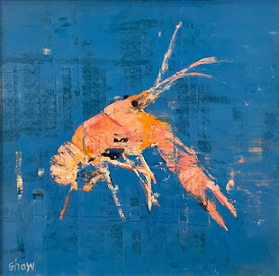A vibrant orange crayfish expressively painted on a contrasting blue background.