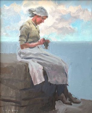 A young fisher girl knits on a sea wall silhouetted against a blue grey sea and bright blue sky in this oil sketch.