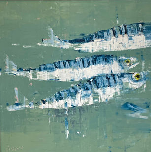 Three expressively painted mackerel swim across a grey green background.