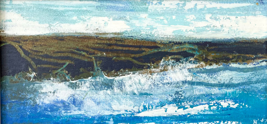 An evocative and expressively painted view looking across a rough sea towards land.
