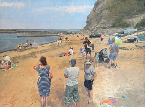 A large painting, by Lynton’s standards, depicting holiday makers enjoying summer sunshine on Staithes beach.