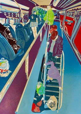 A vibrant dramatic perspective view looking towards the front of the top deck of a bus and down towards passengers descending the stairs.