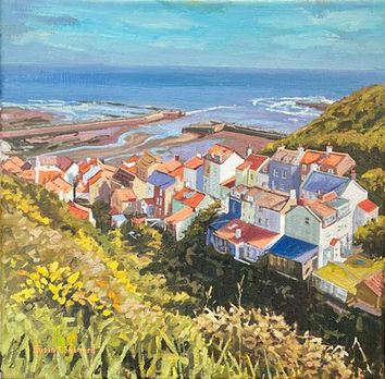 A square format painting looking down onto Church Street and Staithes harbour over flowering gorse bushes.