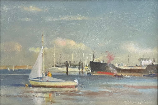 A maritime scene of boats and sailing vessels.