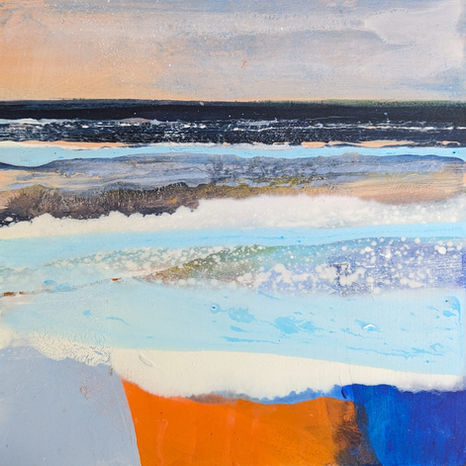 Tranquil depiction of sea, sand and sky, subtly depicted using layers of blues, whites, salmon pink and orange.