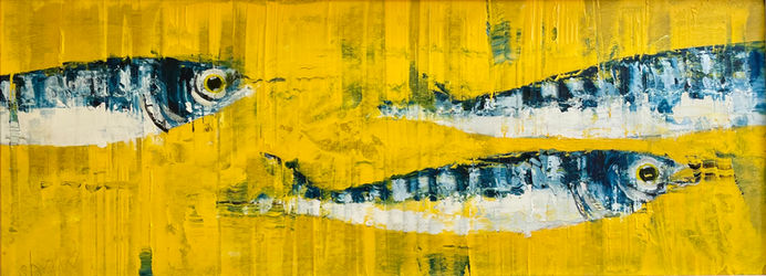 Three mackerel swim across a panoramic yellow background.