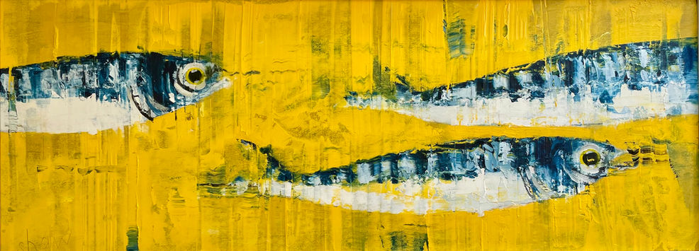 Three mackerel swim across a panoramic yellow background.