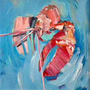A striking, expressive interpretation of a lobster painted in impasto on a sky blue background.