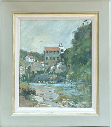 An unusual view from the riverbed looking towards Beckside cottages with Cowbar behind.