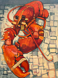 A dramatically foreshortened view of a large lobster as seen in an Ulverston fish shop window on an abstracted white and blue background.