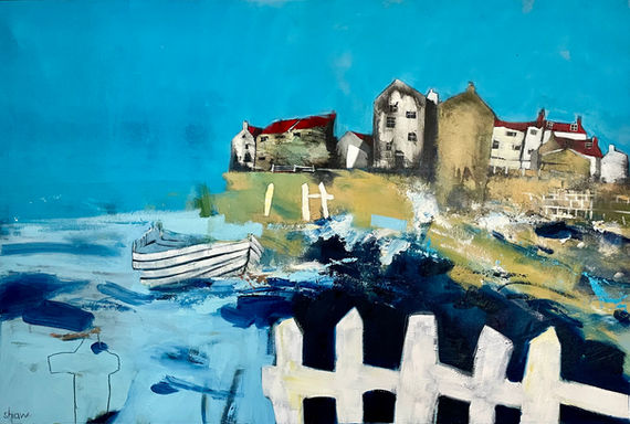 An expressive view looking towards the sea wall and cottages of Staithes from the Cowbar side of the beck.