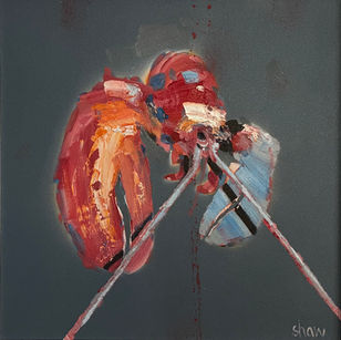 An abstracted interpretation of a lobster expressively painted with red and blue impasto paint on grey background.