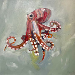 An expressively painted crimson octopus floating on a blue- grey background.
