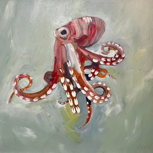 An expressively painted crimson octopus floating on a blue- grey background.