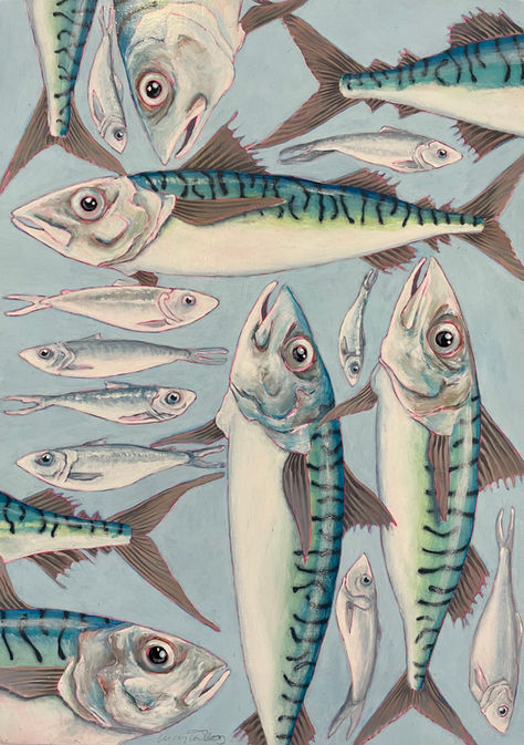 An imaginative detailed painting of geometrically arranged sprats and mackerel against a pale blue background.