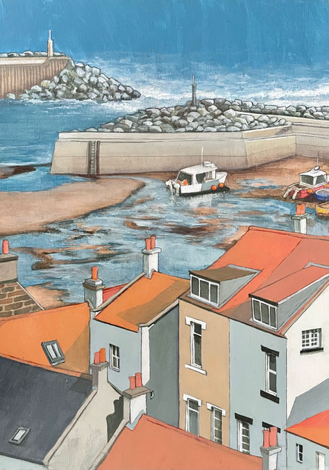 A view overlooking Staithes harbour at low tide, both arms of the sea defence walls within the composition.