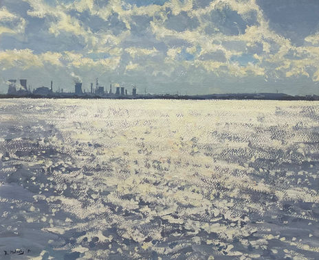 A sparkling depiction of the River Tees sparkling in the sunshine; the faint silhouettes of industrial Teesside are on the far banks of the river.