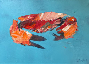 An expressive, vibrant painting of a crab on a sky blue background.