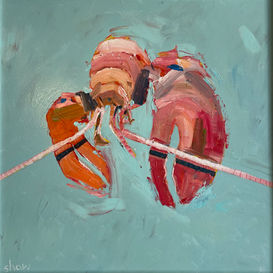 Expressive painting of lobster on a blue background.
