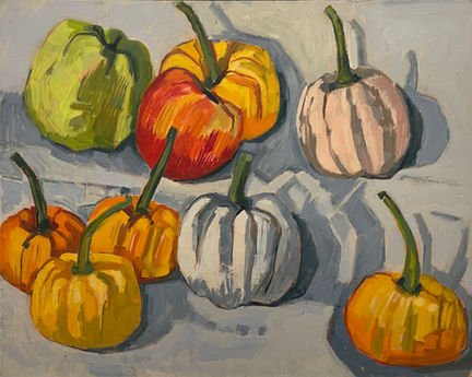 Still life observation painting of red and green apples and small pumpkins on a white surface.