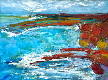 Expressively layers of scarlet, emerald and ochre coastline contrasts again blue hues of sea and sky.