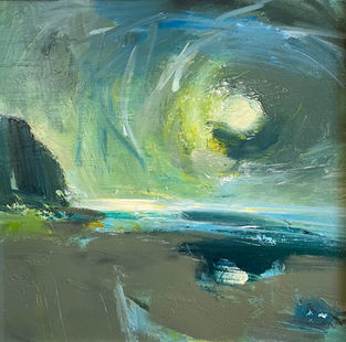 An atmospheric and expressively painted view of the familiar Cowbar nab from the scar in shades of olive brown and blue.