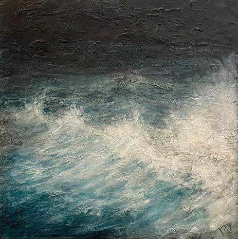 A dramatic painting of crashing waves in shades of blue, black and white.