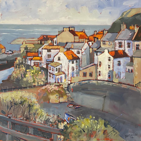 A square format, cropped view of Staithes cottages clustered together across Staithes Beck.