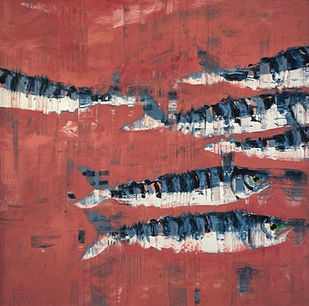 Expressively painted blue and white mackerel swim against a coral pink background- one tail disappears in the opposite direction to the others.