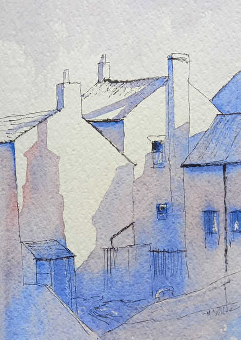 A line and wash drawing of Staithes cottage, predominantly white with violet/ blue cast shadows