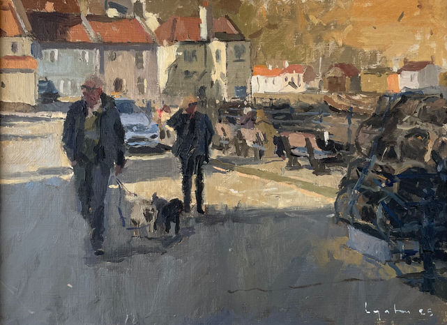 Two dogs and their owners stroll along the seafront in Staithes, passing between golden sunshine and lilac shadows.