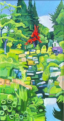 A dramatic painting of the newly developed stream at RHS Harlow Carr dominated by red foliage at the top.