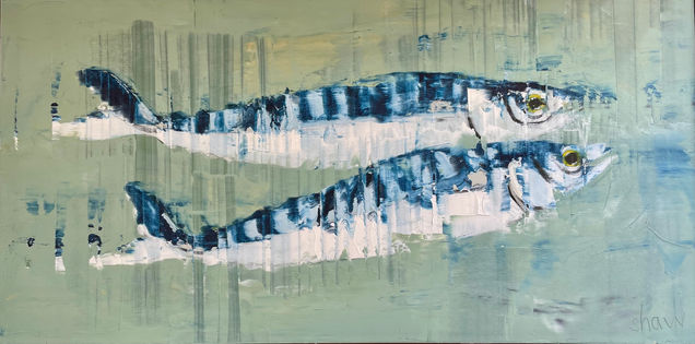 A pair of mackerel float against a blue- grey background, expressively painted in Rob’s distinctive style.