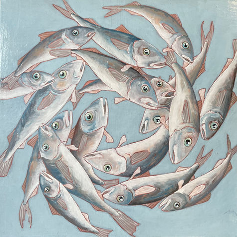 A square painting of circling fish against a blue background.