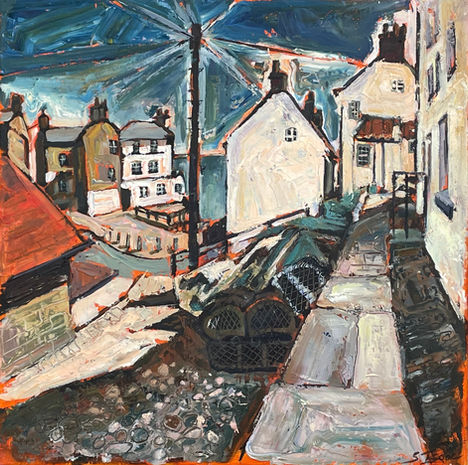 A receding path and telegraph pole are enclosed by winding streets and cottages.