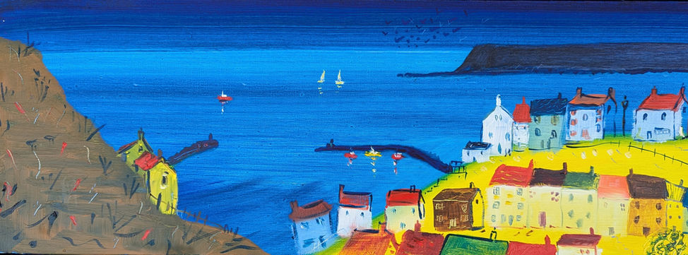 A nocturnal scene dominated by the deep blue sea and the vibrant yellow of the village.